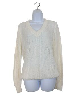 Vintage Glamor Knit Cream Open Knit V-Neck Sweater Lightweight Cottagecore